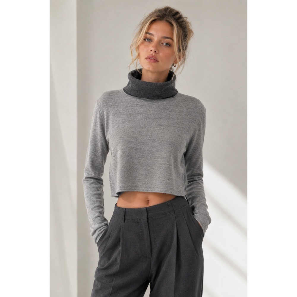 Lamarque 100% Wool Cropped Turtleneck Sweater Gray S